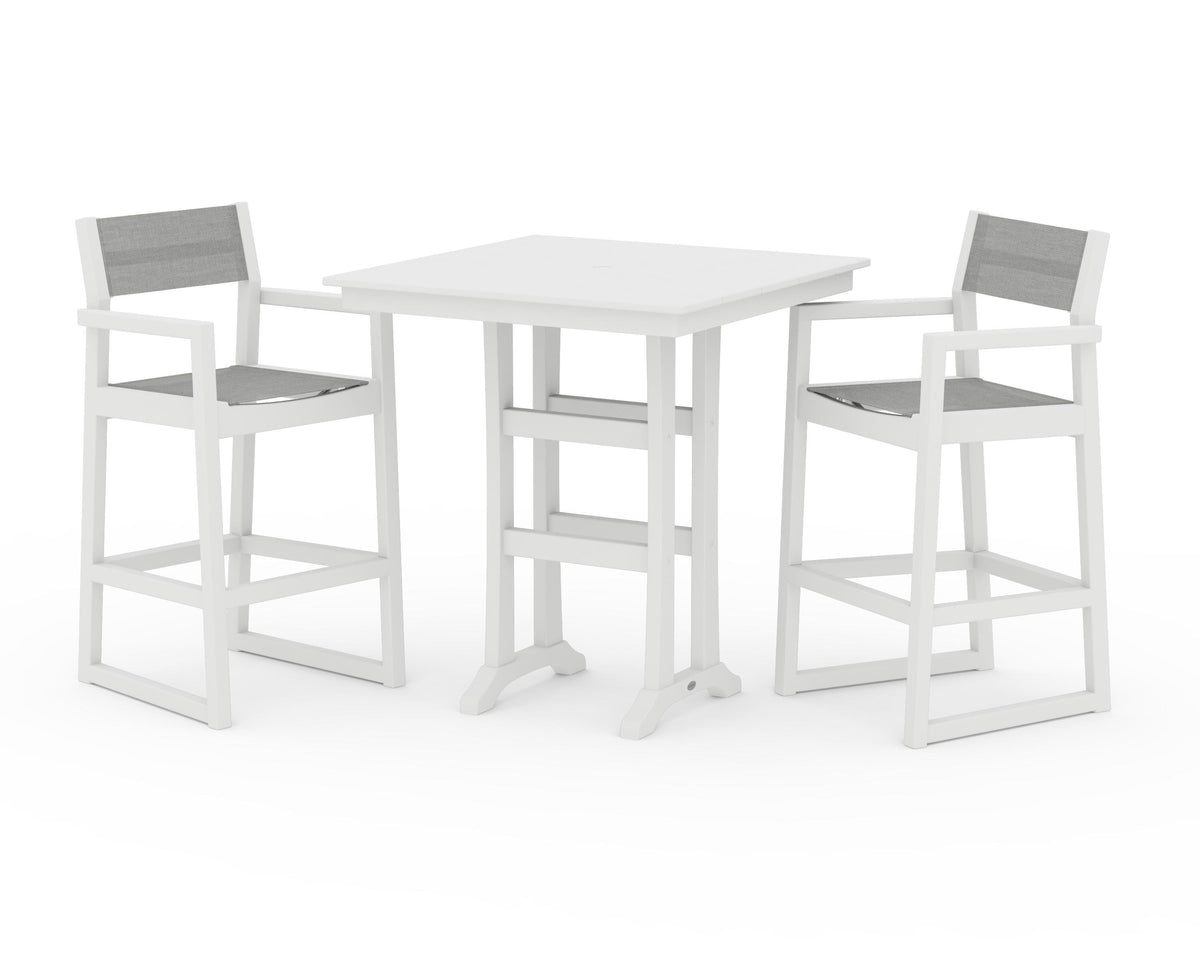 POLYWOOD EDGE Sling Arm Chair 3-Piece Farmhouse Bar Set with Trestle Legs in White / Metallic