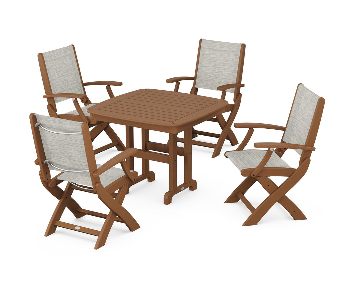 POLYWOOD Coastal Folding Chair 5-Piece Dining Set with Nautical 37" Dining Table in Teak / Birch
