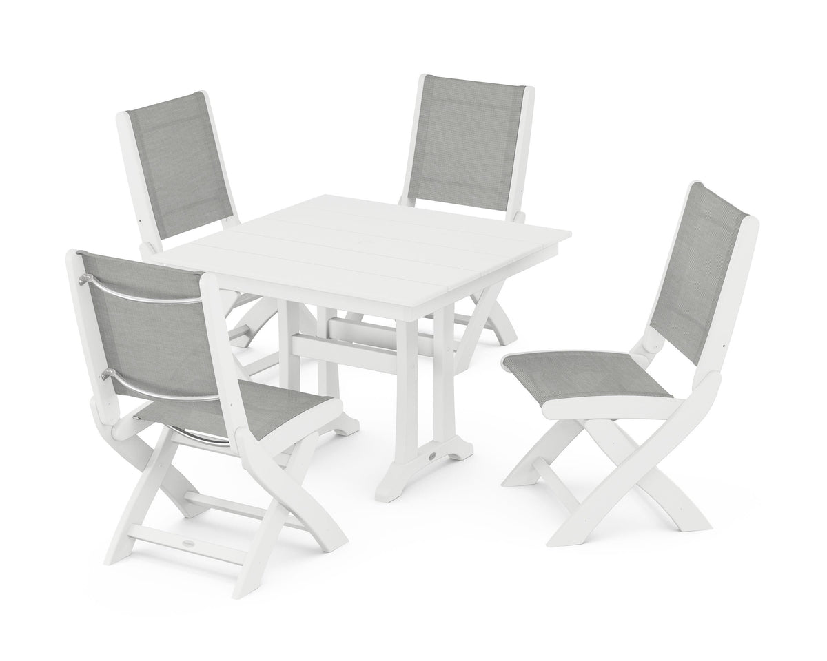 POLYWOOD Coastal Folding Side Chair 5-Piece Farmhouse Dining Set With Trestle Legs in White / Metallic