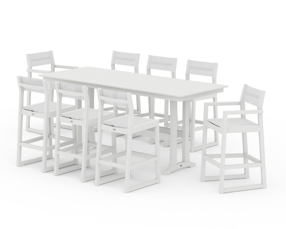 POLYWOOD EDGE Sling 9-Piece Farmhouse Bar Set with Trestle Legs in Vintage White / White