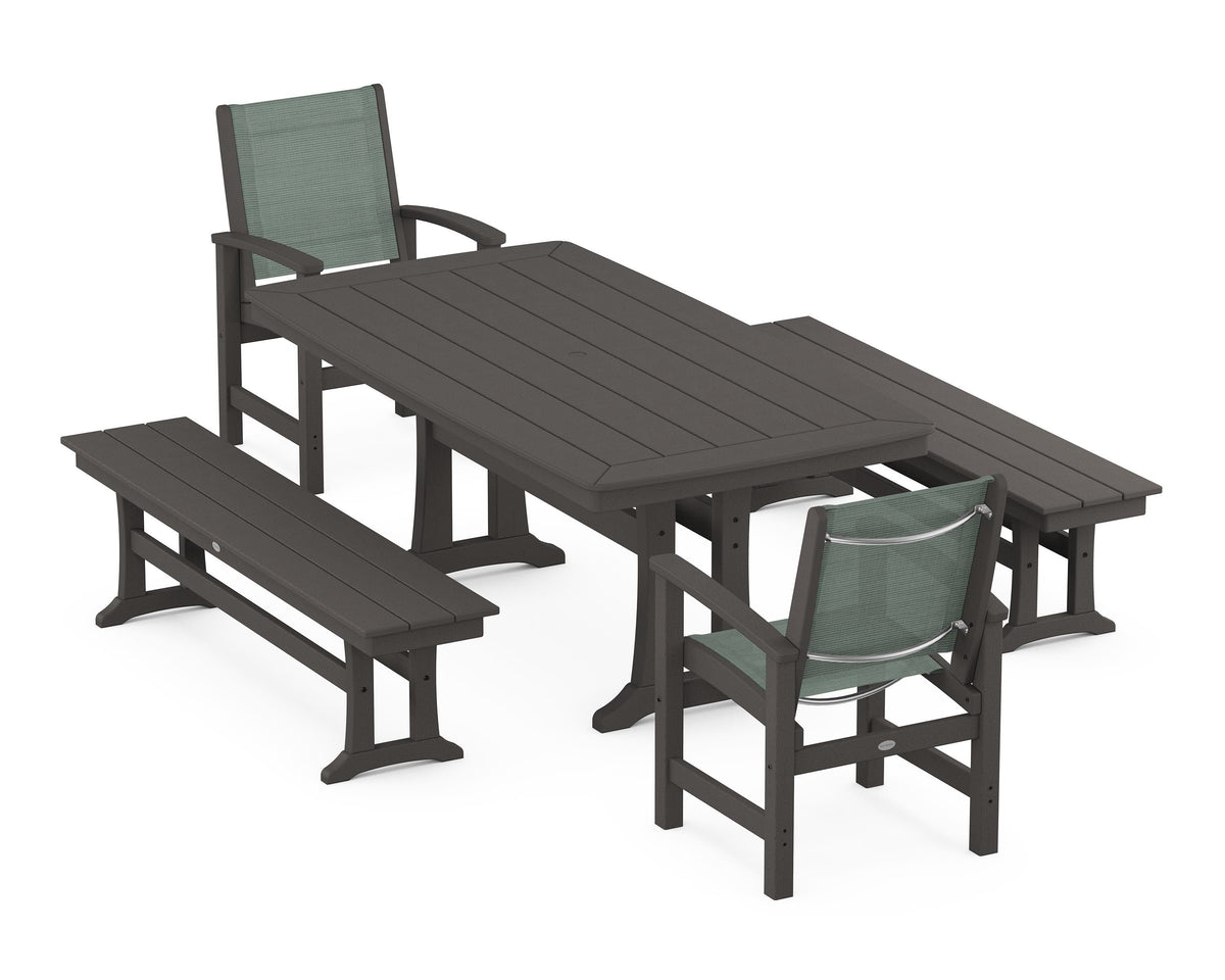 POLYWOOD Coastal 5-Piece Dining Set with Trestle Legs and Benches in Vintage Coffee / Dupioni Sea Mist