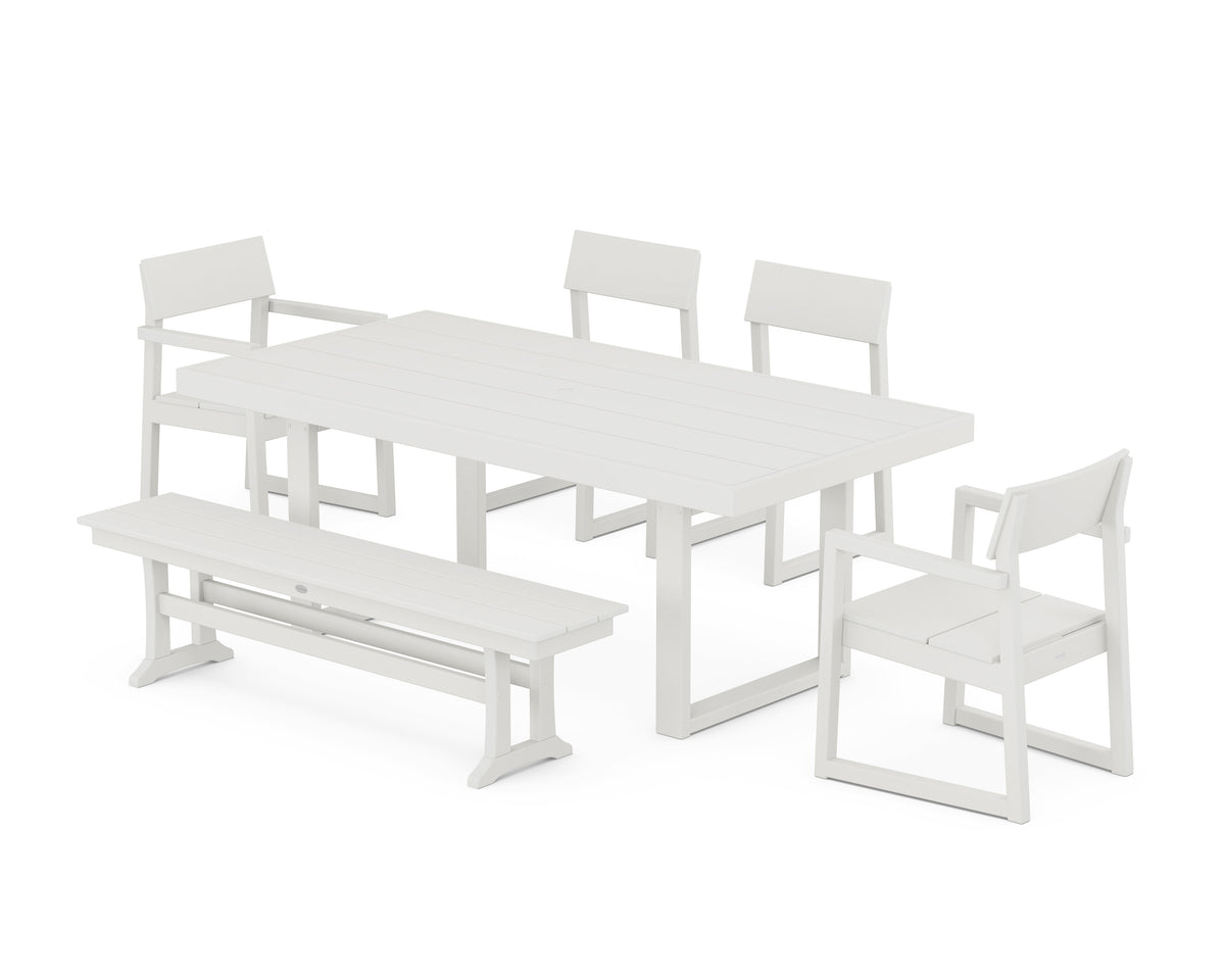 POLYWOOD EDGE 6-Piece Dining Set with Bench (EDGE 40" x 78" Table) in Vintage White