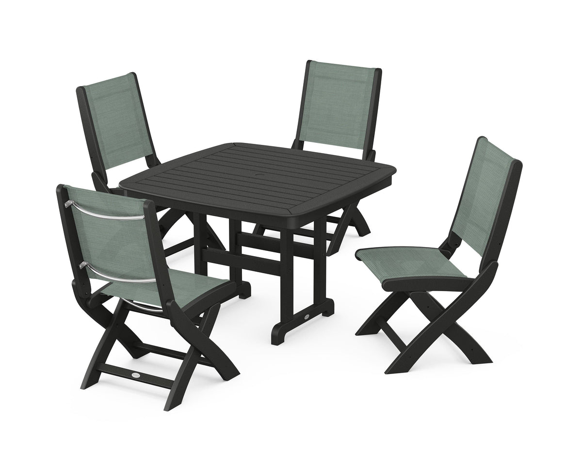 POLYWOOD Coastal Folding Side Chair 5-Piece Dining Set with Nautical 44" Dining Table in Black / Dupioni Sea Mist
