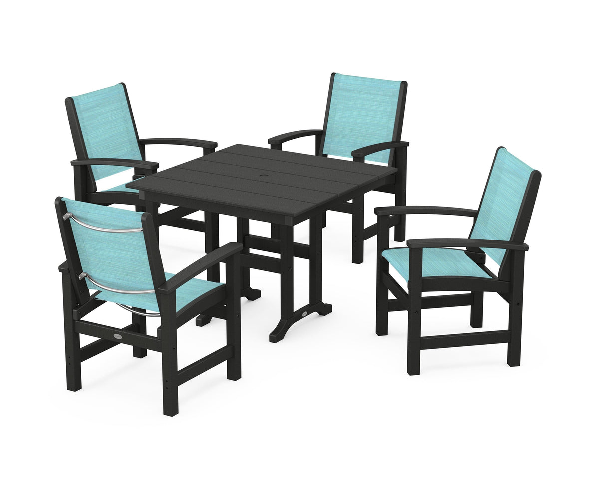 POLYWOOD Coastal 5-Piece Farmhouse Dining Set with Farmhouse 37" Dining Table in Black / Dupioni Aquamarine