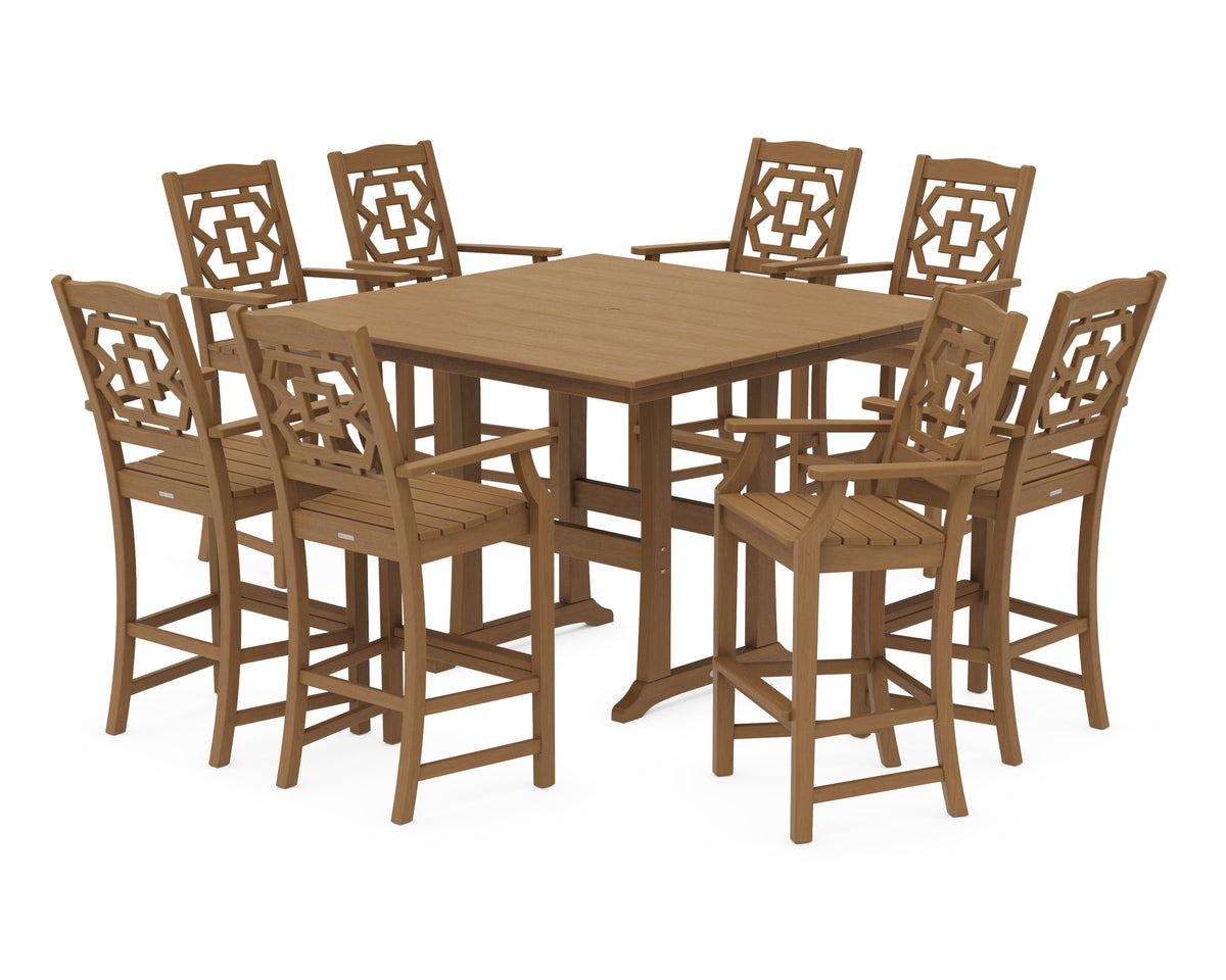 POLYWOOD Chinoiserie 9-Piece Square Farmhouse Side Chair Bar Set with Trestle Legs in Natural