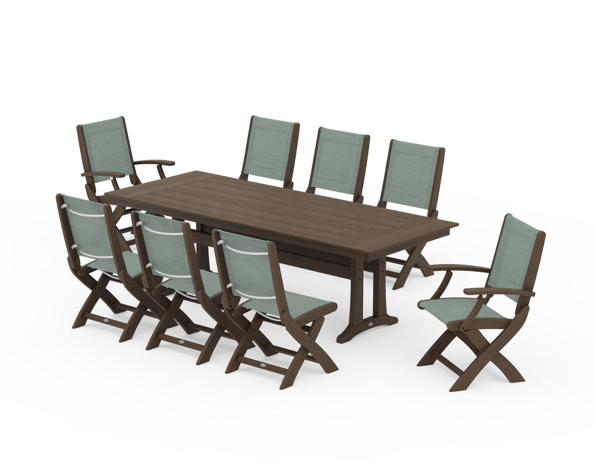POLYWOOD Coastal 9-Piece Folding Dining Chair Farmhouse Dining Set with Trestle Legs in Kona / Dupioni Sea Mist