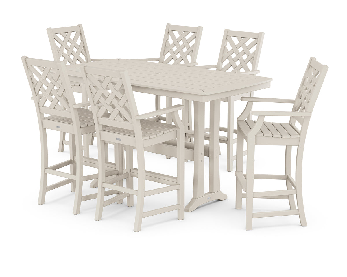 POLYWOOD Country Living Wovendale Arm Chair 7-Piece Bar Set with Trestle Legs in Sand