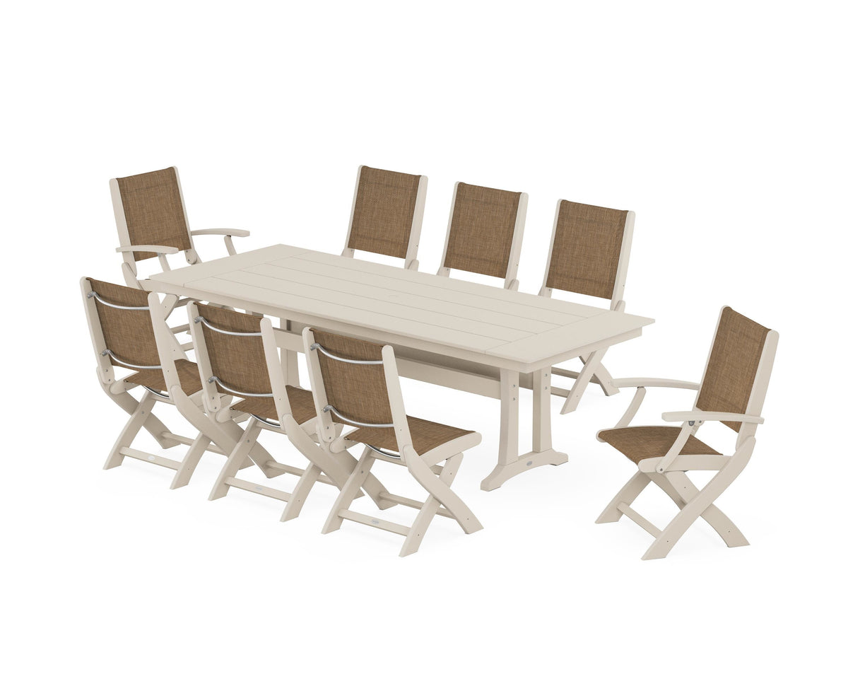 POLYWOOD Coastal 9-Piece Folding Dining Chair Farmhouse Dining Set with Trestle Legs in Sand / Burlap