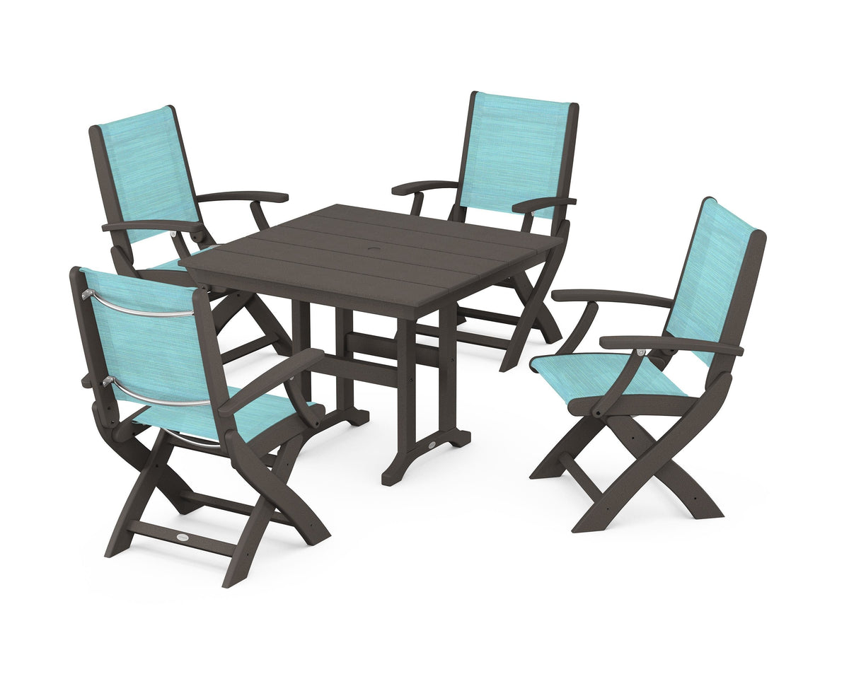 POLYWOOD Coastal Folding Chair 5-Piece Farmhouse Dining Set in Vintage Coffee / Dupioni Aquamarine