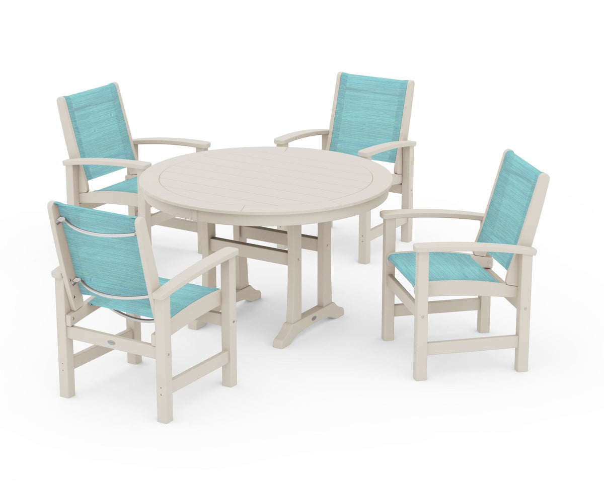 POLYWOOD Coastal 5-Piece Round Dining Set with Trestle Legs in Sand / Dupioni Aquamarine