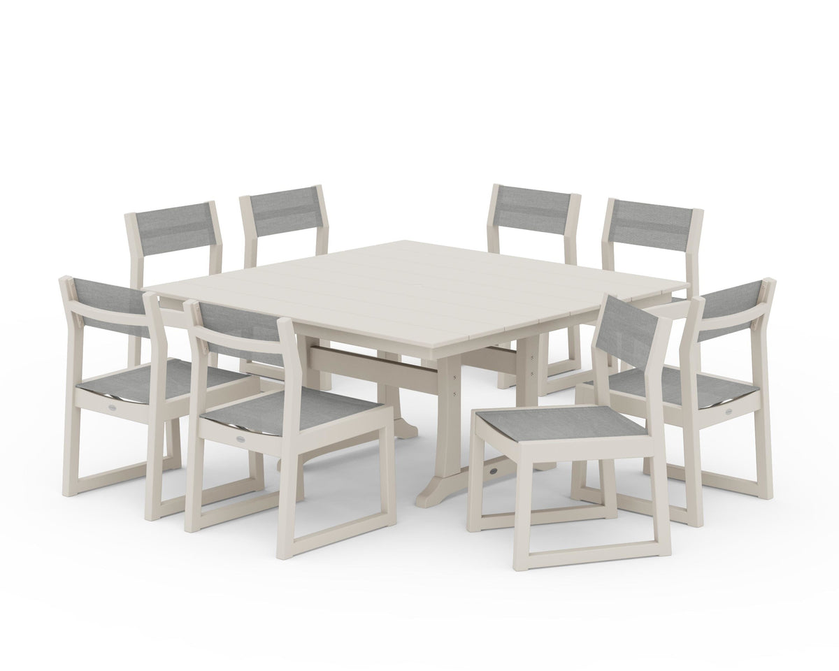 POLYWOOD EDGE Sling Side Chair 9-Piece Farmhouse Trestle Dining Set in Sand / Metallic