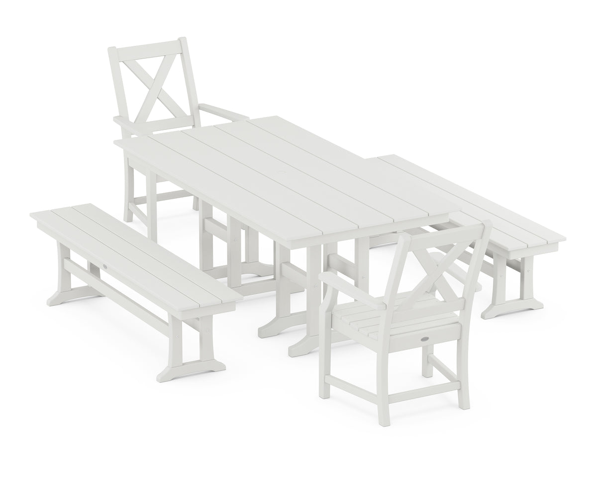 POLYWOOD Braxton 5-Piece Farmhouse Dining Set with Benches in Vintage White