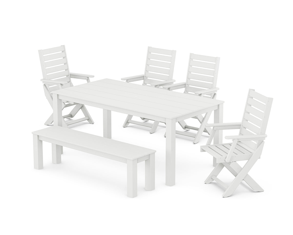 POLYWOOD Captain Folding Chair 6-Piece Parsons Dining Set with Bench in White
