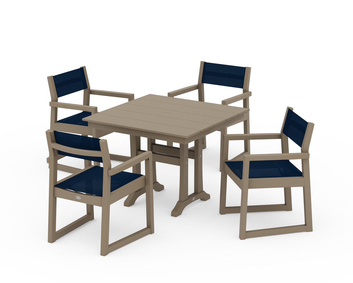 POLYWOOD EDGE Sling 5-Piece Farmhouse Dining Set with Trestle Legs in Vintage Sahara / Navy Blue