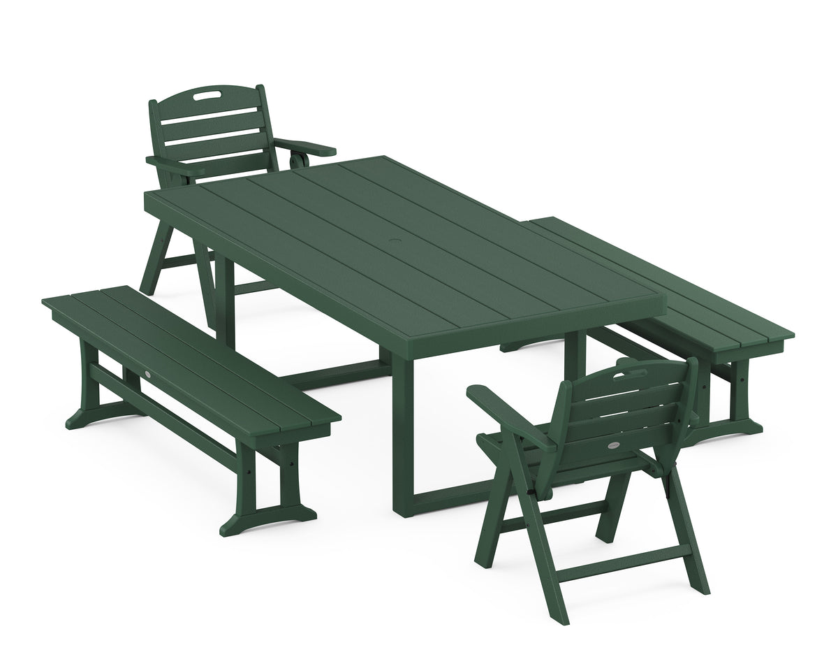 POLYWOOD Nautical Lowback 5-Piece Dining Set with Benches - 39" x 78" Table in Green