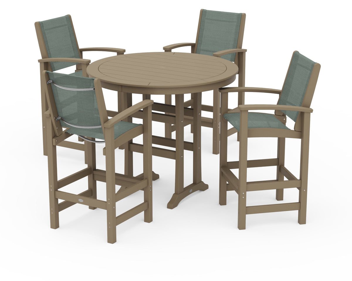 POLYWOOD Coastal 5-Piece Nautical Trestle Bar Set in Vintage Sahara / Dupioni Sea Mist