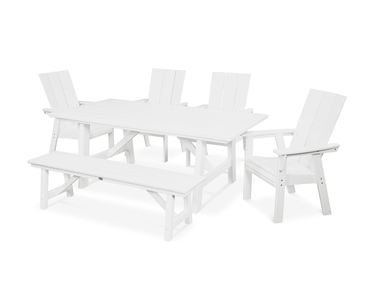 POLYWOOD Modern Curveback Adirondack 6-Piece Rustic Farmhouse Dining Set with Bench in White