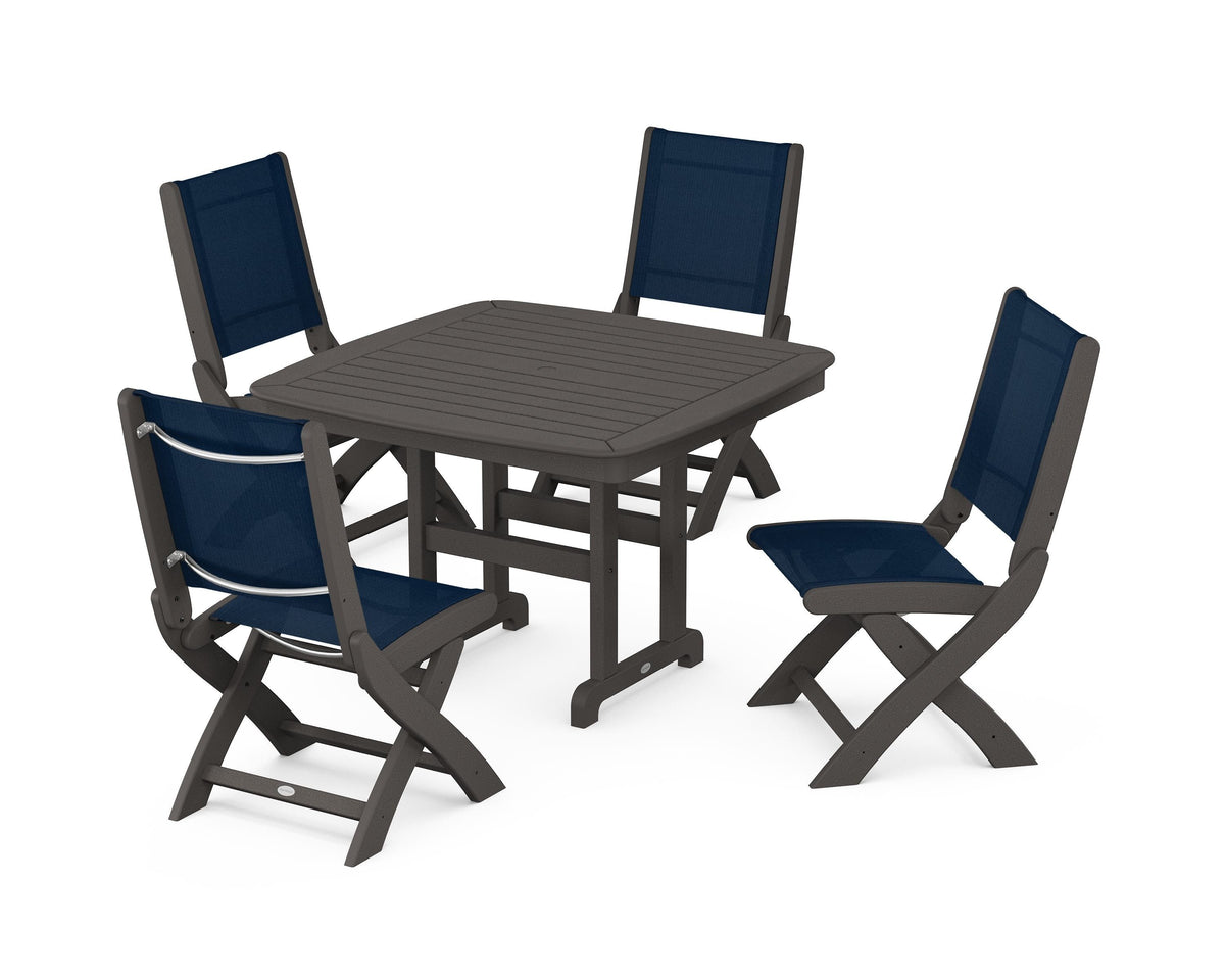 POLYWOOD Coastal Folding Side Chair 5-Piece Dining Set with Nautical 44" Dining Table in Vintage Coffee / Navy Blue