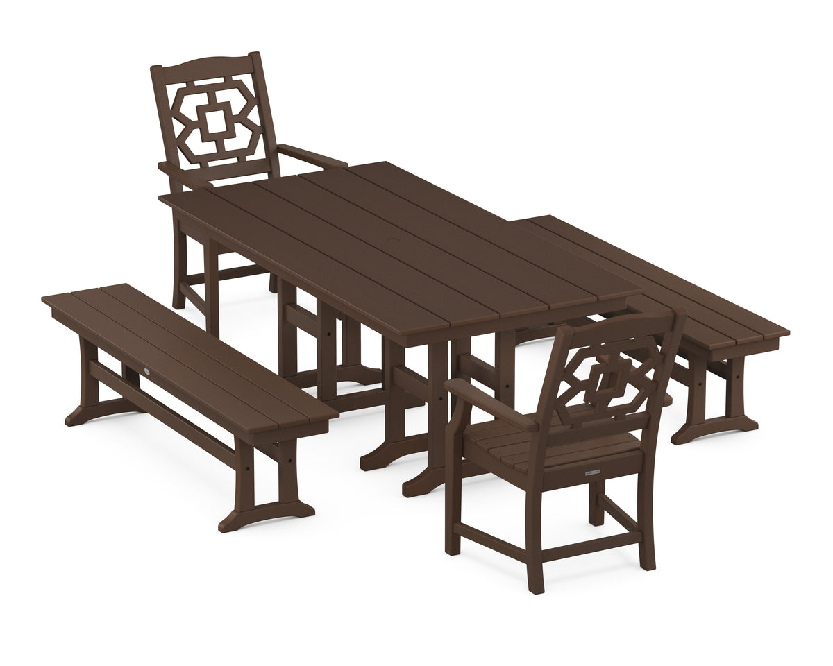 POLYWOOD Chinoiserie 5-Piece Farmhouse Dining Set with Benches in Mahogany