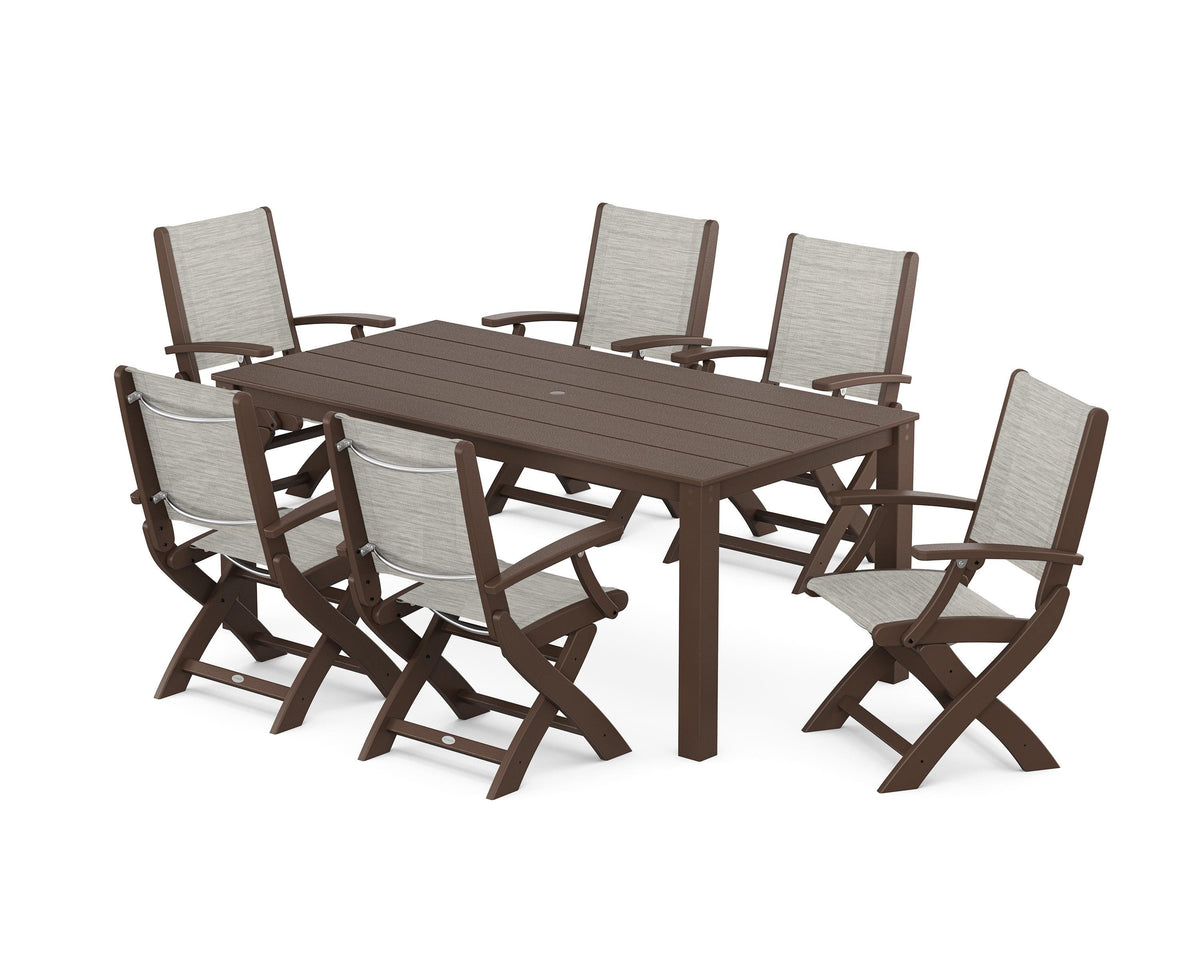 POLYWOOD Coastal Folding Chair 7-Piece Parsons Dining Set in Mahogany / Birch