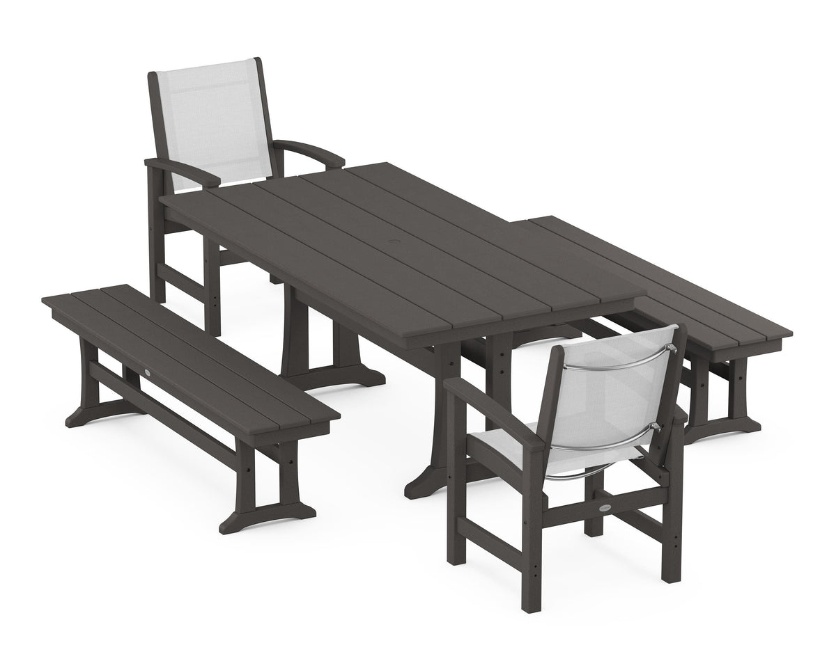 POLYWOOD Coastal 5-Piece Farmhouse Dining Set with Trestle Legs and Benches in Vintage Coffee / White