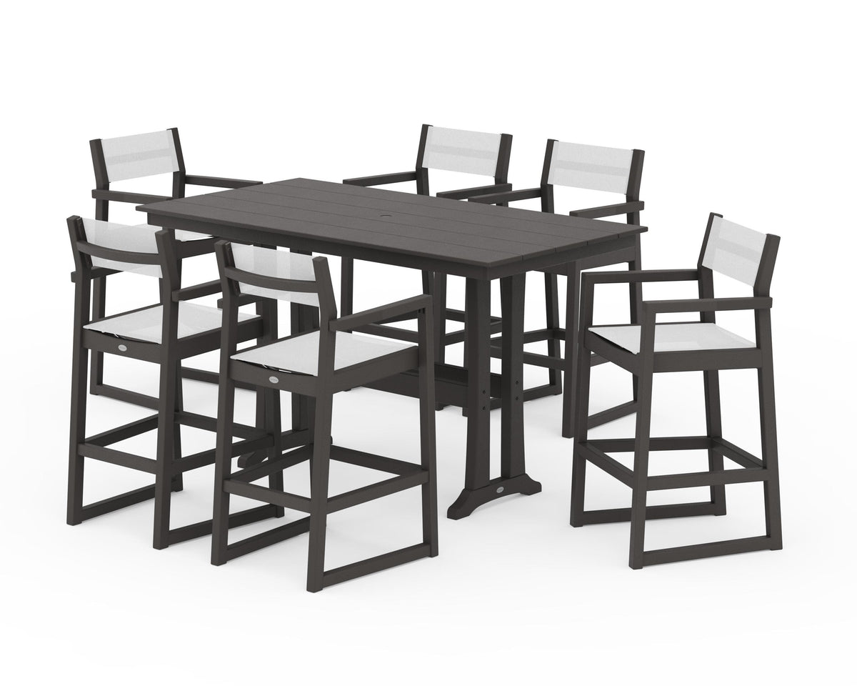 POLYWOOD EDGE Sling Arm Chair 7-Piece Farmhouse Bar Set with Trestle Legs in Vintage Coffee / White