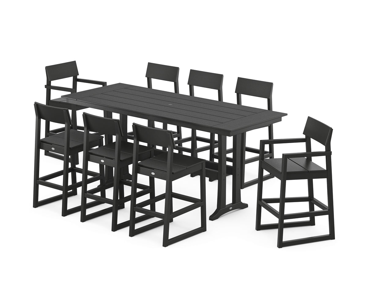 POLYWOOD EDGE 9-Piece Farmhouse Bar Set with Trestle Legs in Black