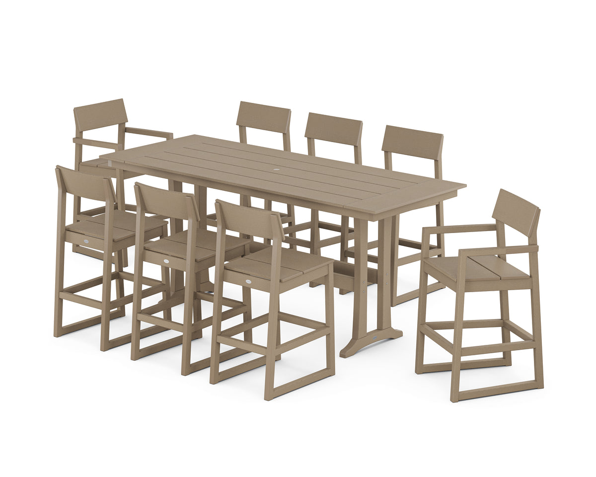 POLYWOOD EDGE 9-Piece Farmhouse Bar Set with Trestle Legs in Vintage Sahara