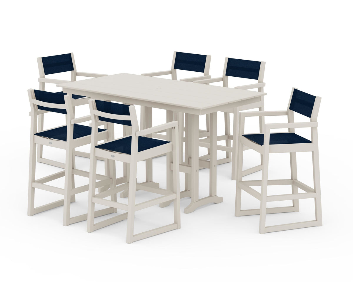 POLYWOOD EDGE Sling Arm Chair 7-Piece Farmhouse Bar Set in Sand / Navy Blue