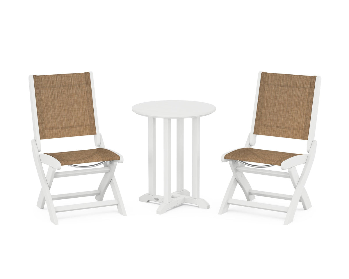 POLYWOOD Coastal Folding Side Chair 3-Piece Round Bistro Dining Set in White / Burlap
