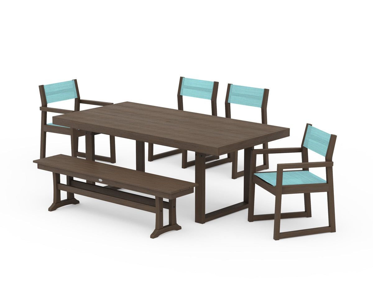 POLYWOOD EDGE Sling 6-Piece Dining Set with Bench in Kona / Dupioni Aquamarine