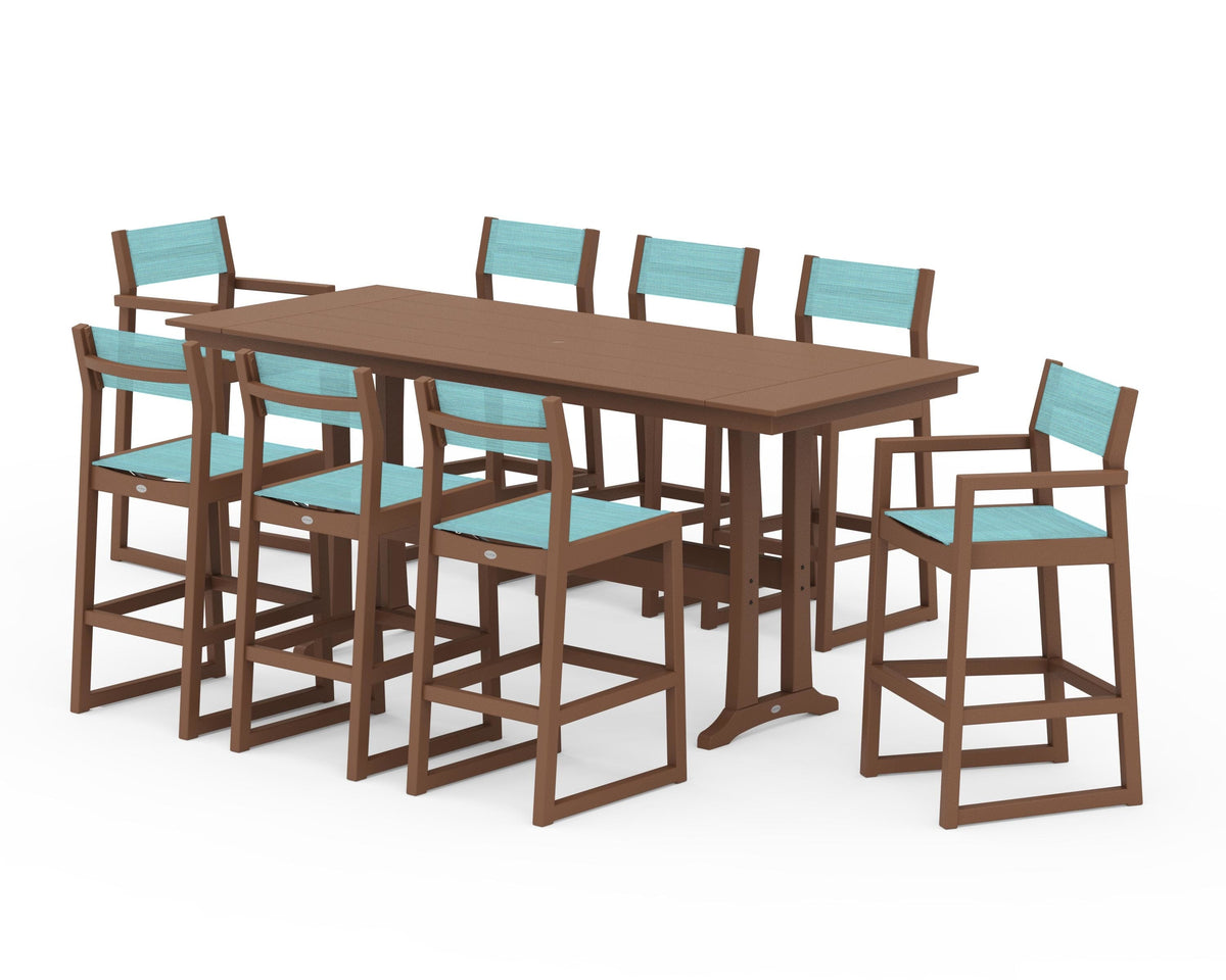 POLYWOOD EDGE Sling 9-Piece Farmhouse Bar Set with Trestle Legs in Teak / Dupioni Aquamarine