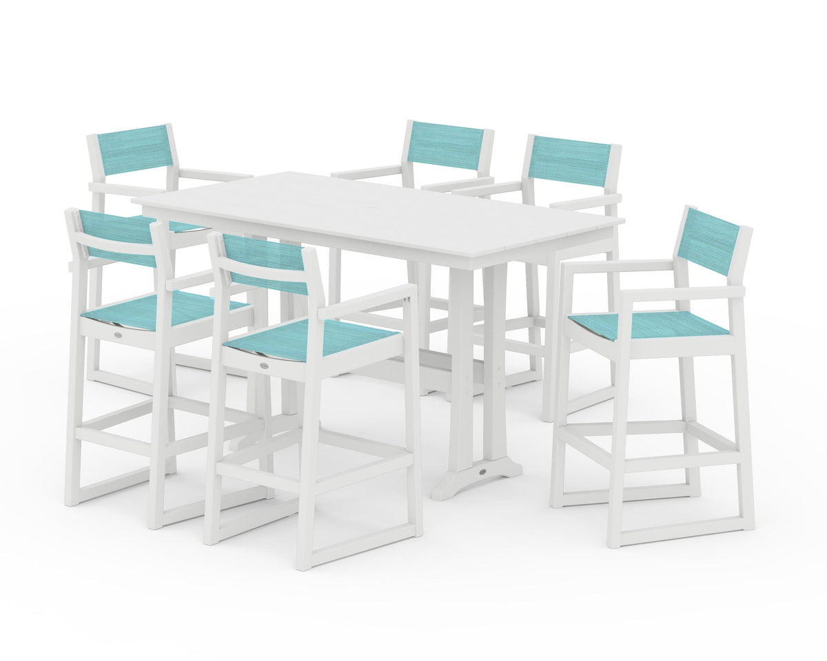 POLYWOOD EDGE Sling Arm Chair 7-Piece Farmhouse Bar Set with Trestle Legs in White / Dupioni Aquamarine
