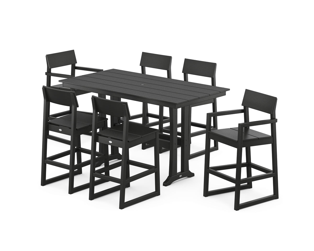 POLYWOOD EDGE 7-Piece Farmhouse Bar Set with Trestle Legs in Black