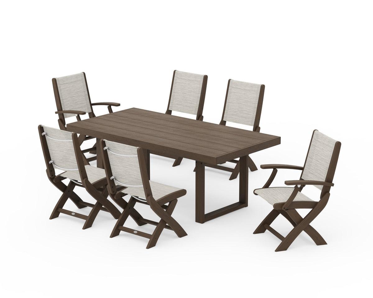 POLYWOOD Coastal Folding Chair 7-Piece Dining Set with Trestle Legs with EDGE 40" x 78" Dining Table in Kona / Birch