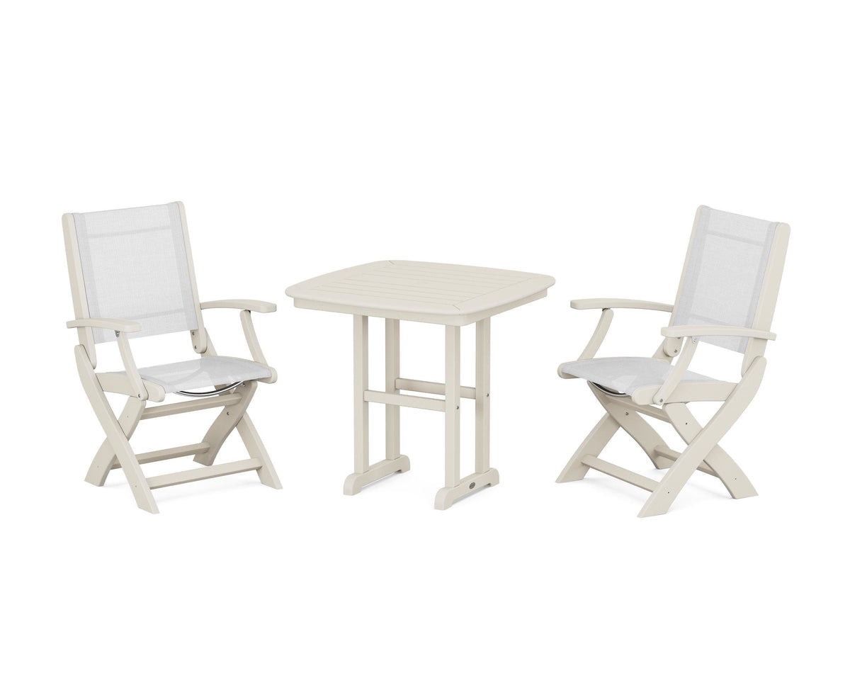 POLYWOOD Coastal Folding Chair 3-Piece Dining Set in Sand / White