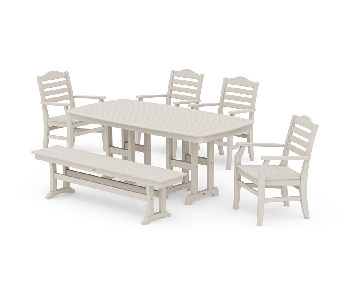 POLYWOOD Savannah 6-Piece Farmhouse Dining Set with Bench with Nautical 37" x 72" Dining Table in Sand