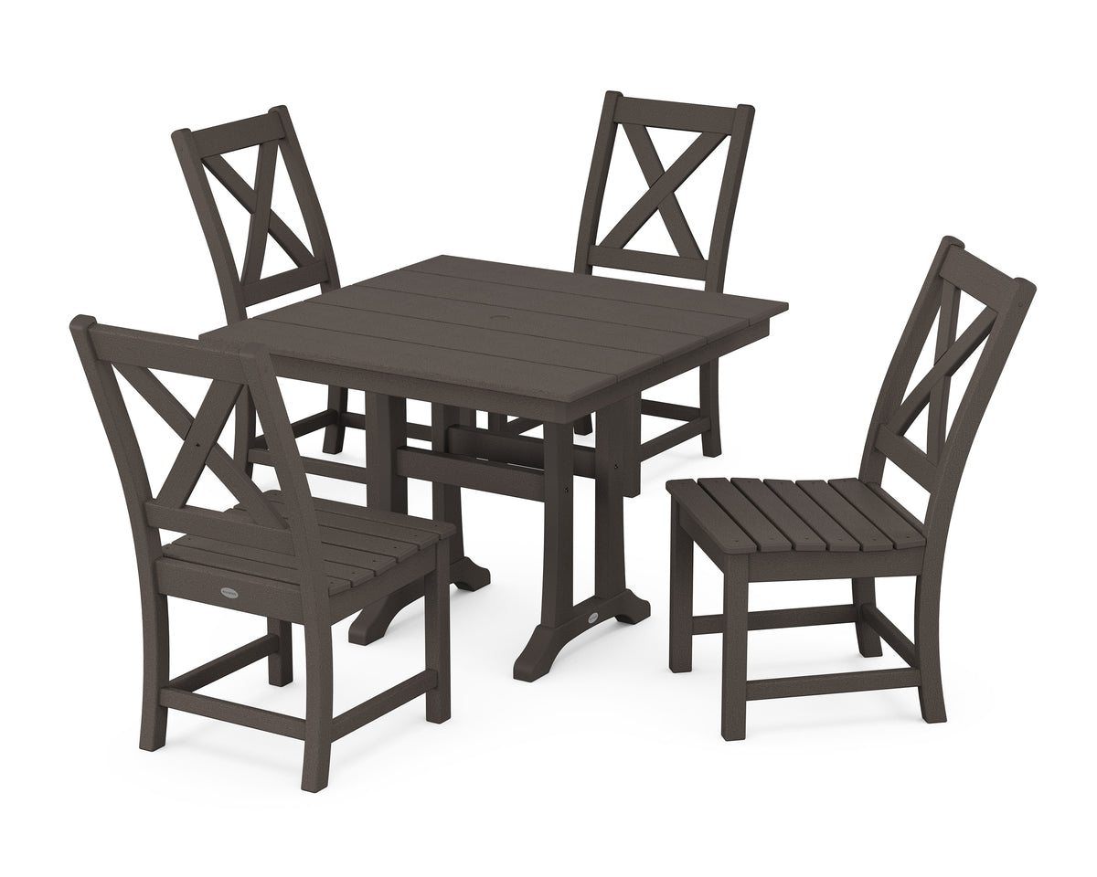 POLYWOOD Braxton Side Chair 5-Piece Farmhouse Dining Set with Trestle Legs in Vintage Coffee