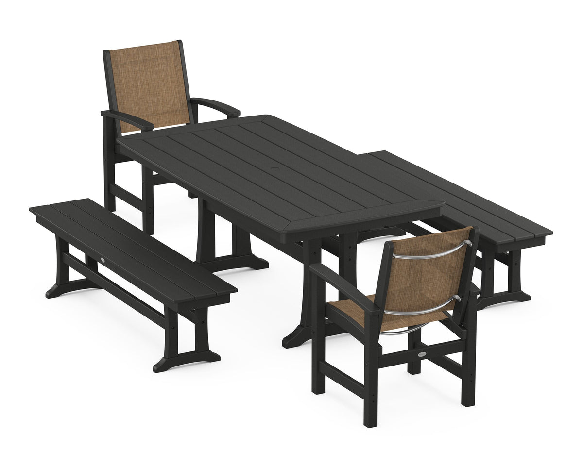 POLYWOOD Coastal 5-Piece Dining Set with Trestle Legs and Benches in Black / Burlap