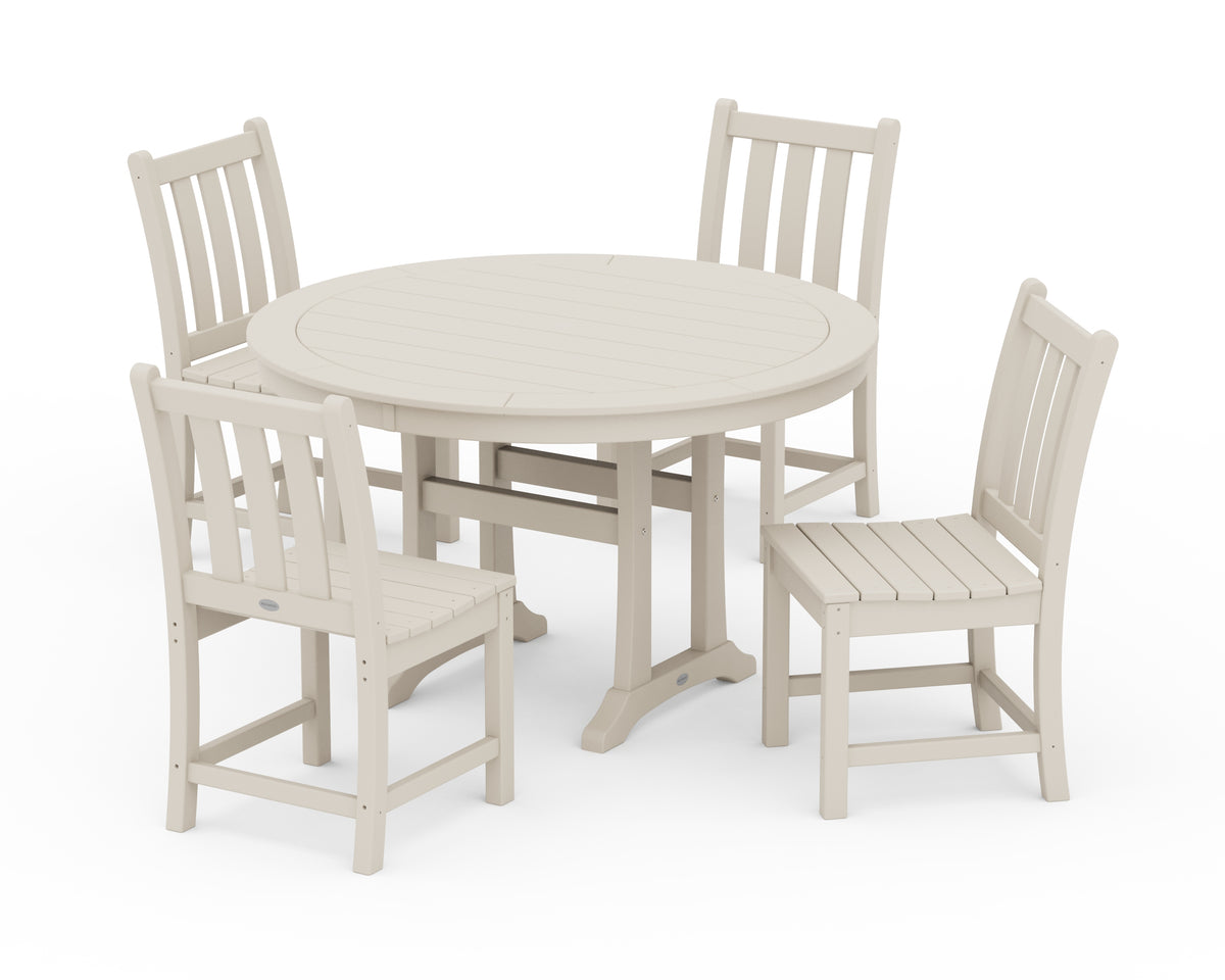 POLYWOOD Traditional Garden Side Chair 5-Piece Round Dining Set with Trestle Legs in Sand