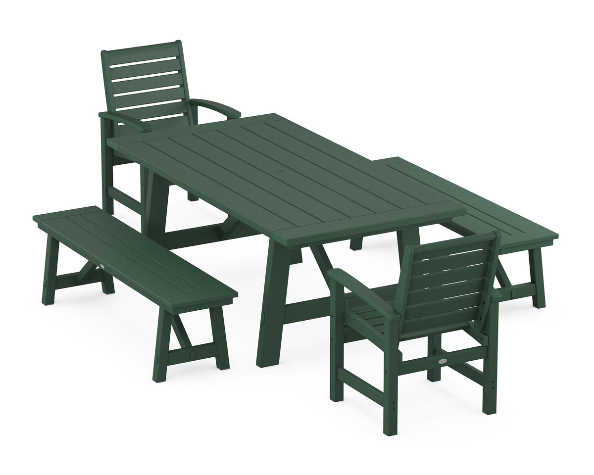 POLYWOOD Signature 5-Piece Rustic Farmhouse Dining Set with Benches in Green
