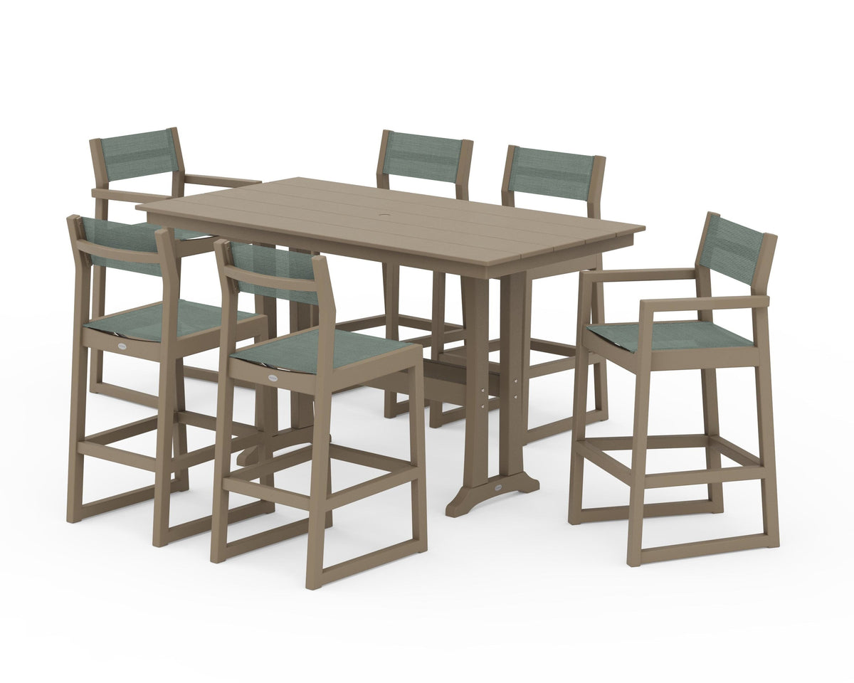 POLYWOOD EDGE Sling 7-Piece Farmhouse Bar Set with Trestle Legs in Vintage Sahara / Dupioni Sea Mist