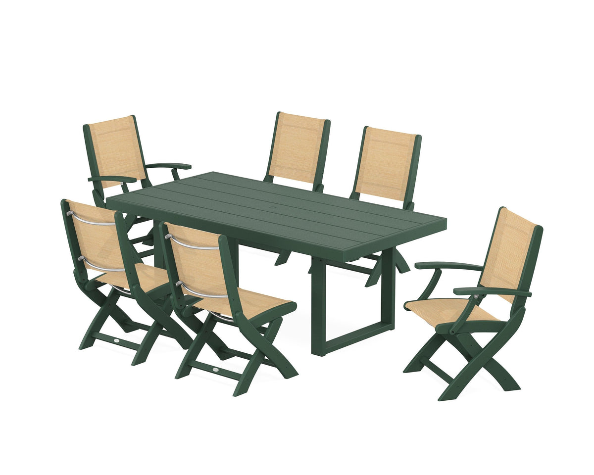 POLYWOOD Coastal Folding Chair 7-Piece Dining Set with Trestle Legs with EDGE 40" x 78" Dining Table in Green / Dupioni Apricot