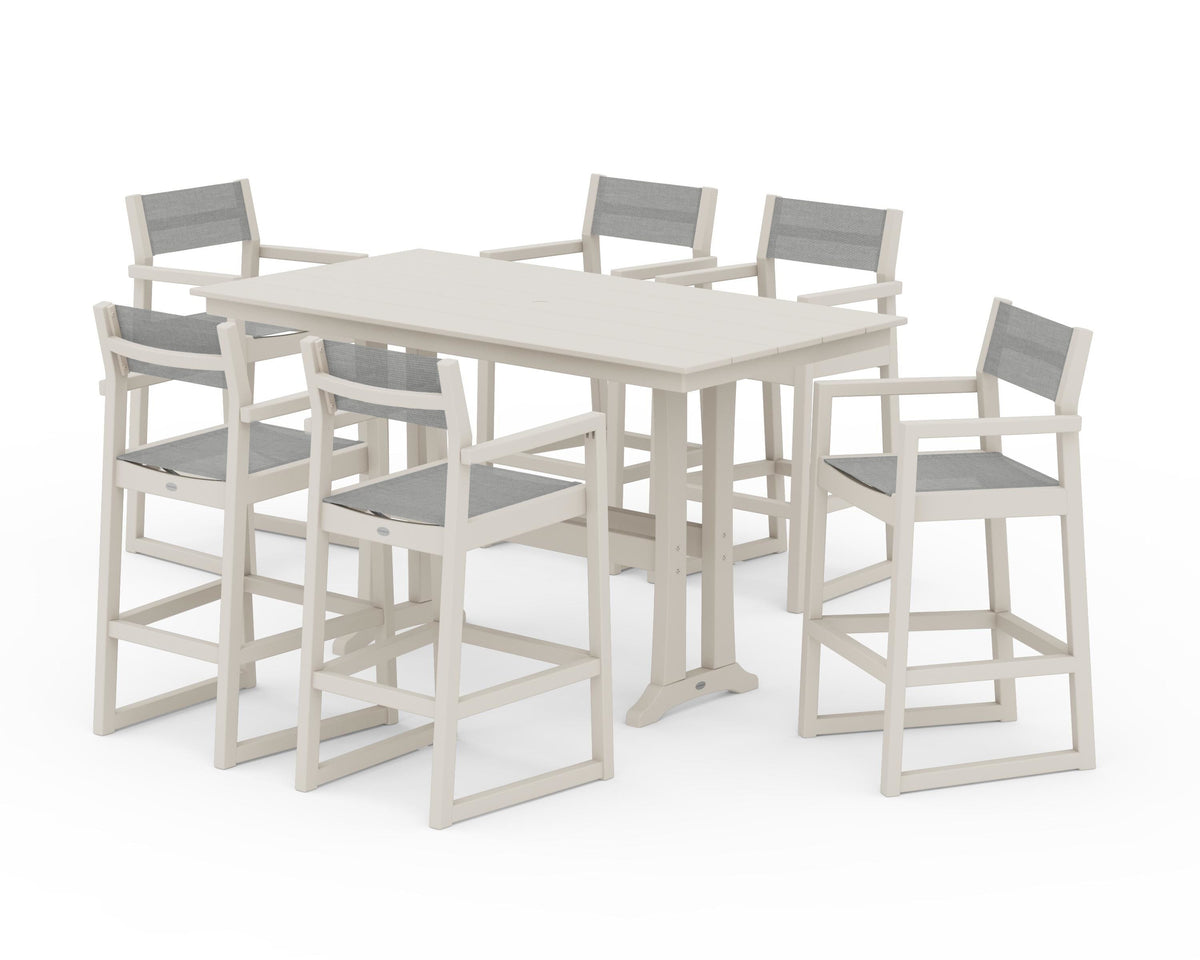 POLYWOOD EDGE Sling Arm Chair 7-Piece Farmhouse Bar Set with Trestle Legs in Sand / Metallic