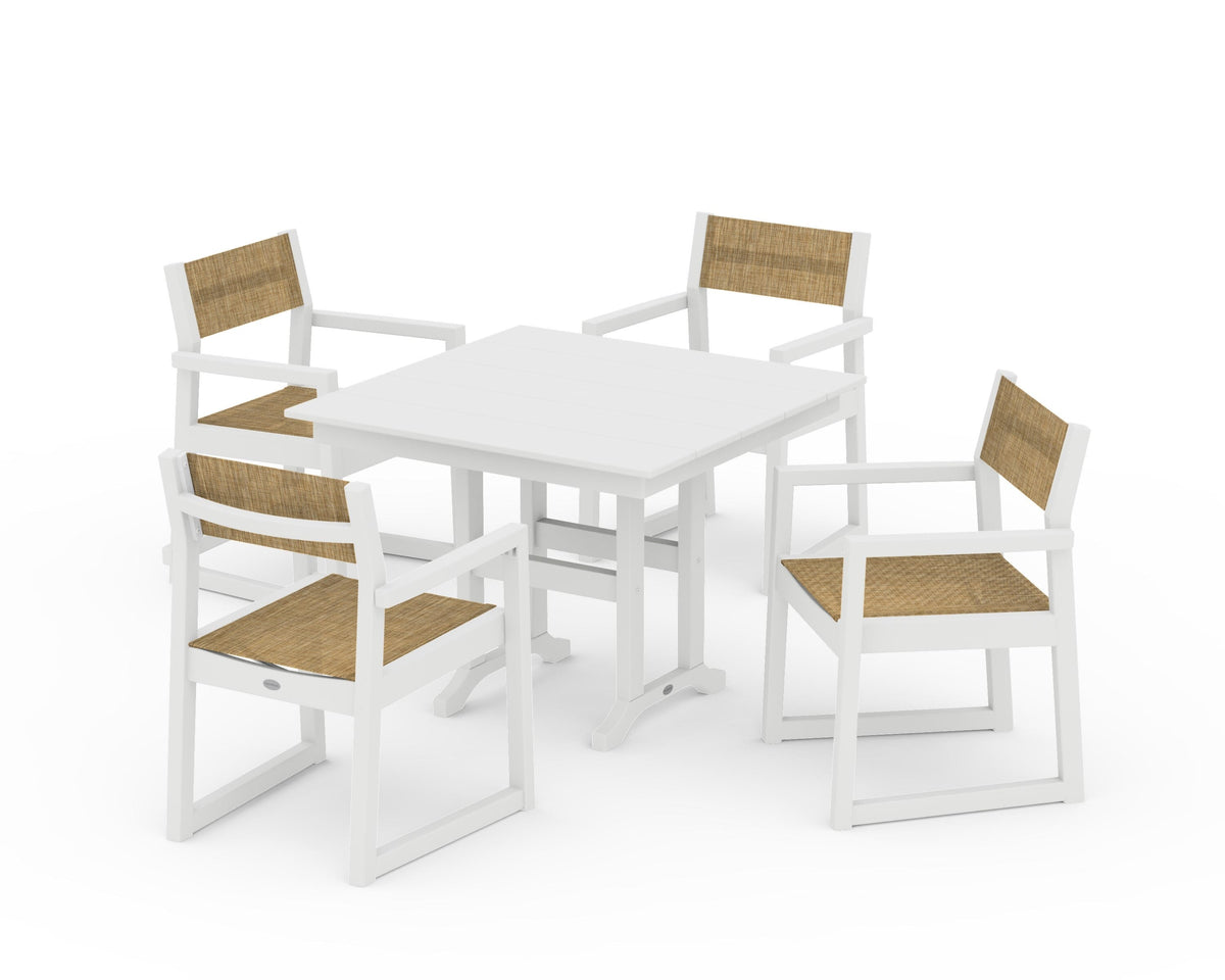POLYWOOD EDGE Sling Arm Chair 5-Piece Farmhouse Dining Set in White / Burlap