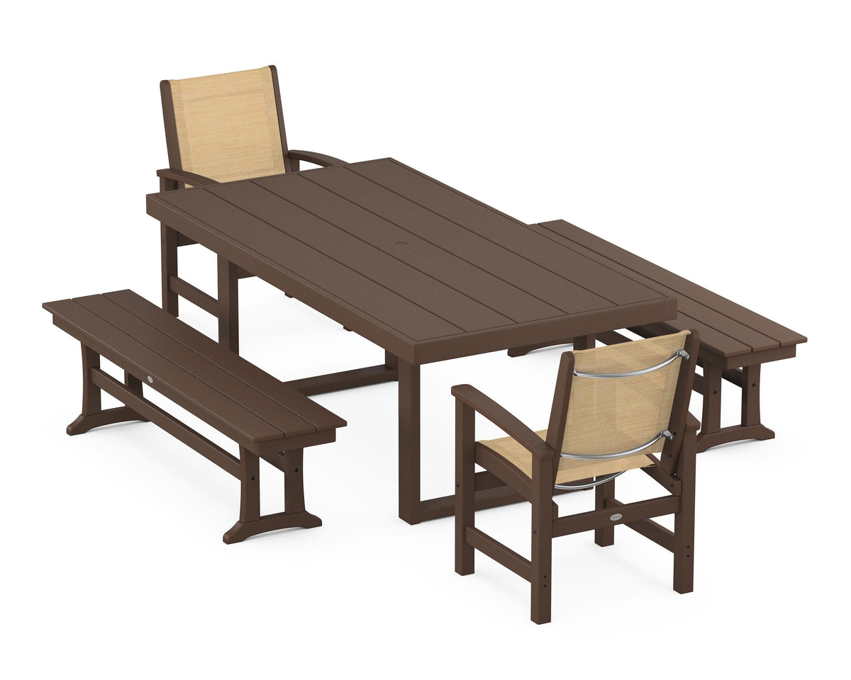 POLYWOOD Coastal 5-Piece Dining Set with Trestle Legs with EDGE 40" x 78" Dining Table in Mahogany / Dupioni Apricot