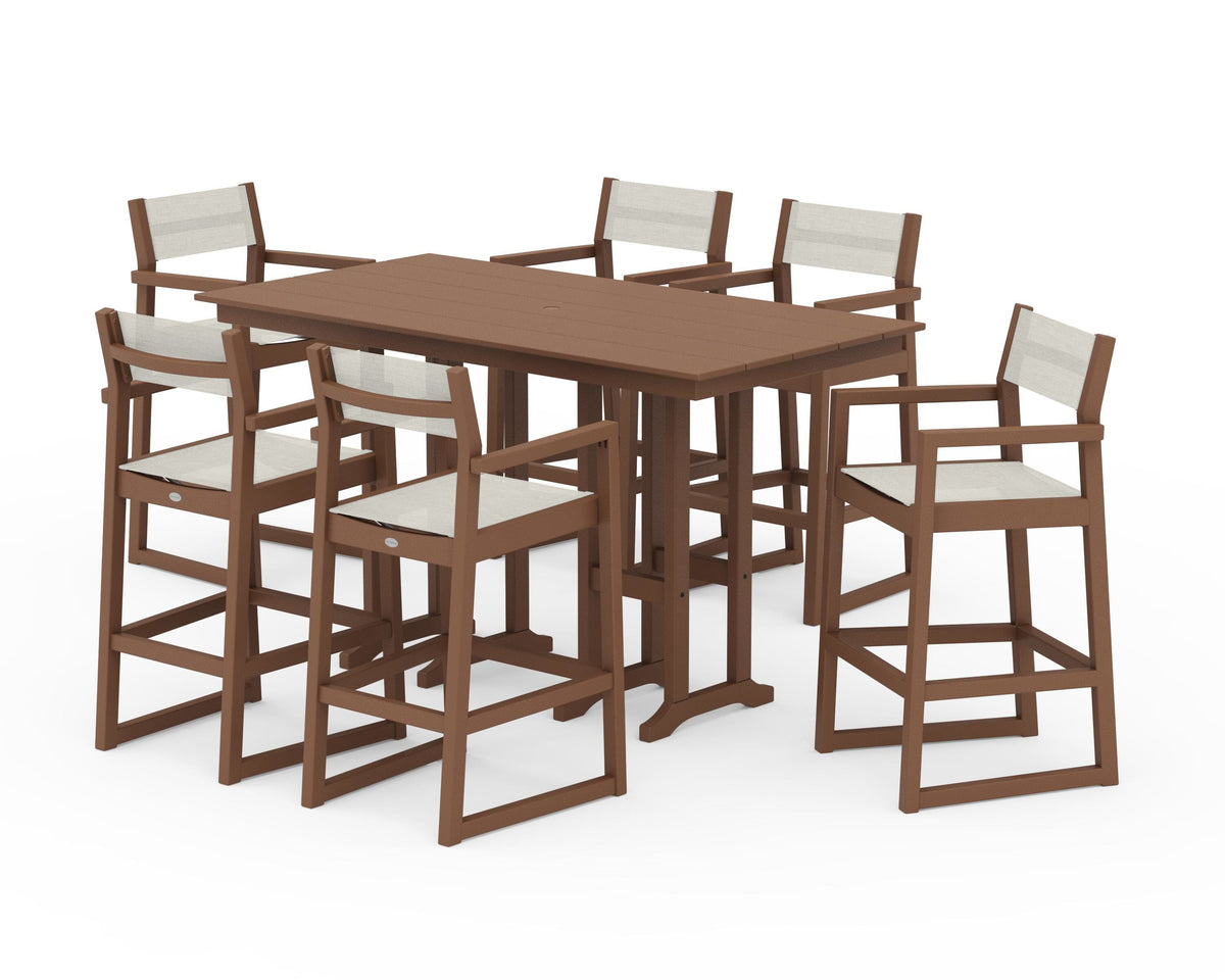 POLYWOOD EDGE Sling Arm Chair 7-Piece Farmhouse Bar Set in Teak / Parchment