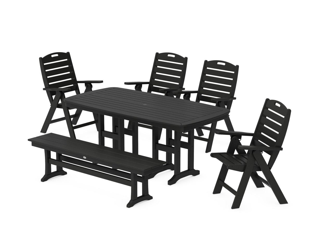 POLYWOOD Nautical Highback 6-Piece Dining Set with Bench in Black