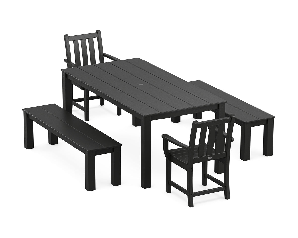 POLYWOOD Traditional Garden 5-Piece Parsons Dining Set with Benches in Black