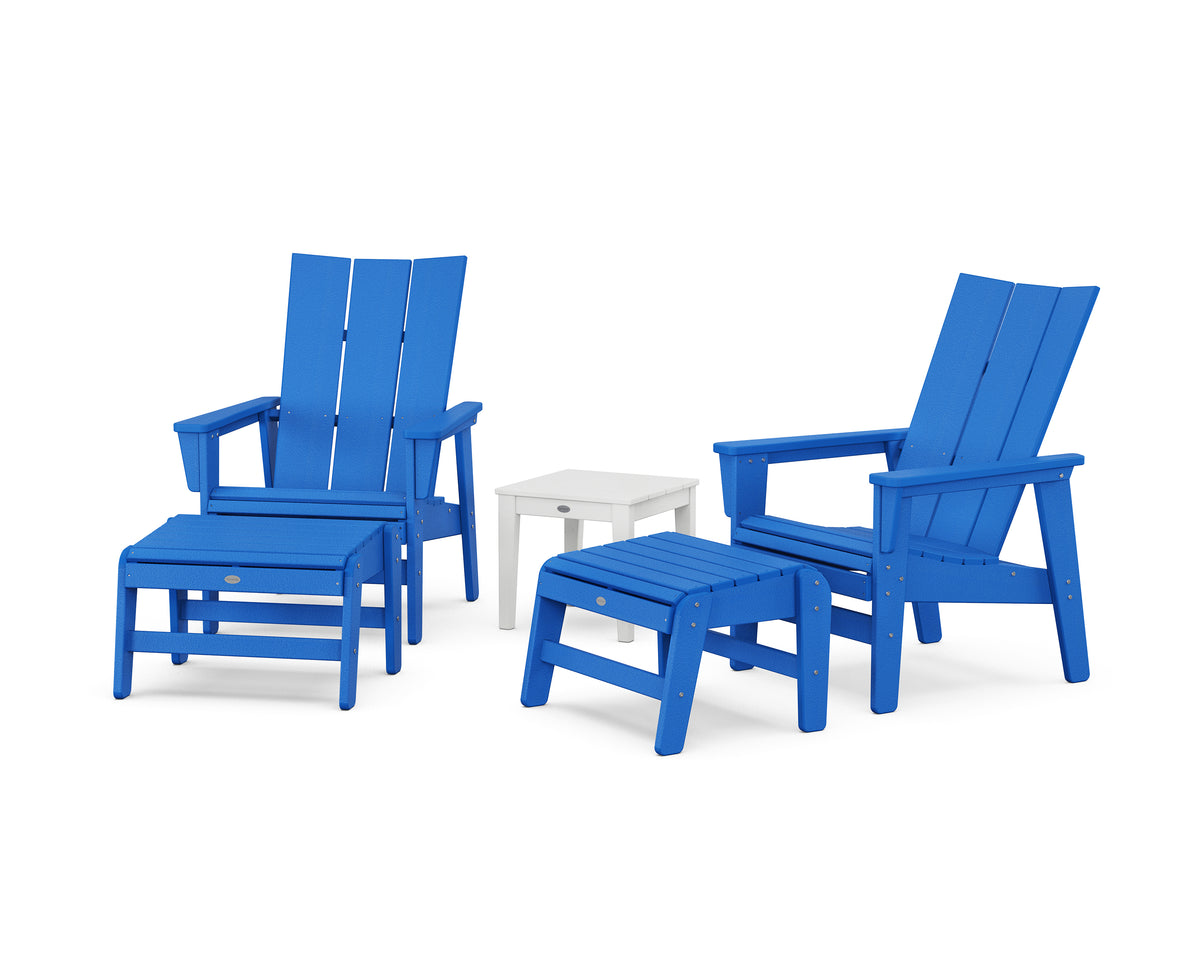 POLYWOOD 5-Piece Modern Grand Upright Adirondack Set with Ottomans and Side Table in Pacific Blue / White